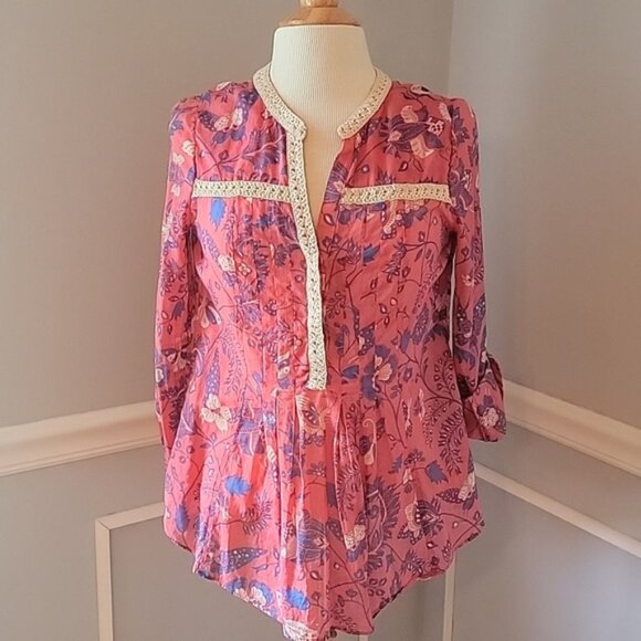 MAEVE | ANTHRO Abella Pink Blue Butterfly Crochet Pintuck Boho Cottage Top 4 - Picture 1 of 9